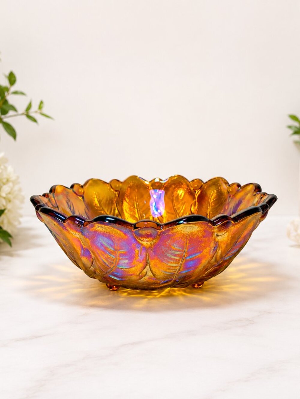 Vintage Amber Carnival Glass Bowl Floral Leaf & Berry Pattern Iridescent 9"